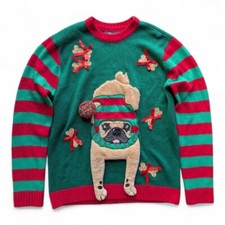 Ugly Christmas Sweater Men's Santa Helper Pug 3D Elf Holiday Party Knit Sz S