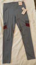 BCBG Generation Running Leggings L Media Pockets Grey/Burgundy Mesh Cut Outs