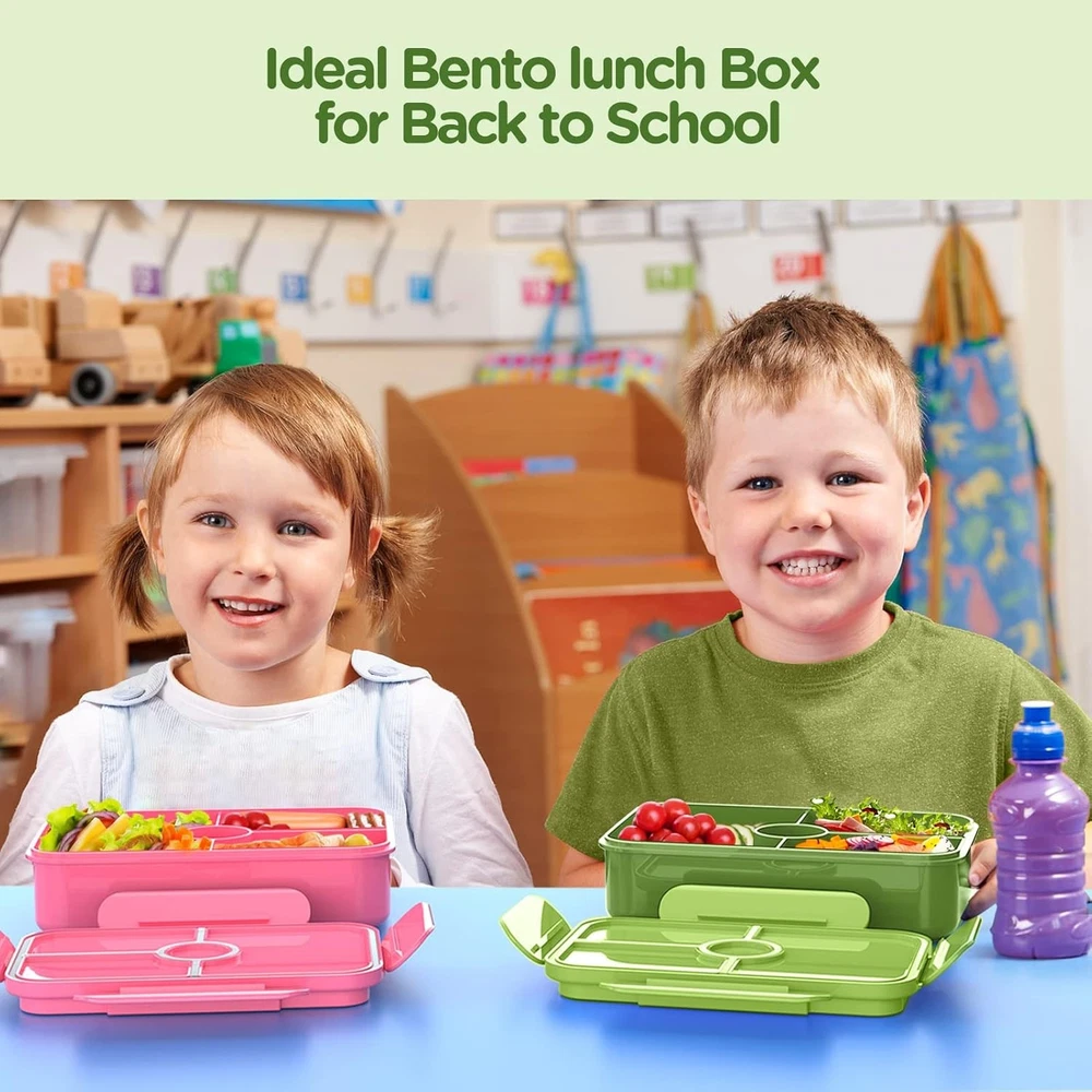 Leakproof Kids Bento Box with 4 Compartments & Tableware in Green