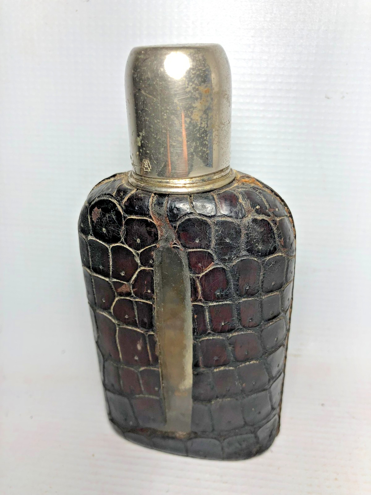Antique CF Rumpp & Sons Pocket Hip Flask Crocodile Leather Wrapped Glass