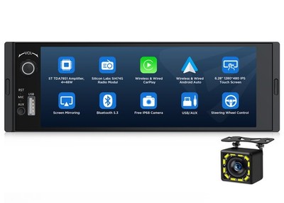 Single 1DIN 6.28'' Autoradio Apple CarPlay Android Auto Bluetooth USB TouchScreen