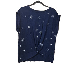 Lucky Brand Top Medium Embroidered Stars Blue Silver Front Knot Short Sleeve