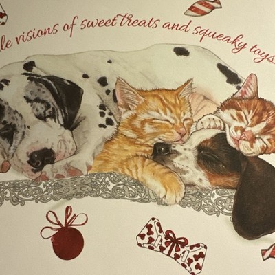 Vtg Christmas Card UNUSED Dogs Cats Sleeping on each other Orange Tabby W/env