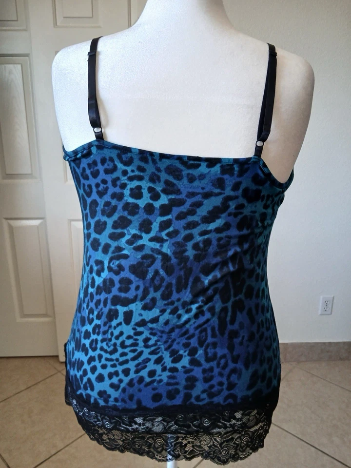 Camiseta sin mangas Lane Bryant para mujer azul negro estampado animal 14/16 camisola ribete de encaje Y2K Foto 3 de 4