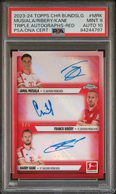 2023-24 Topps Chrome Auto Red Harry Kane Jamal Musiala Franck Ribery #1/5 PSA 9