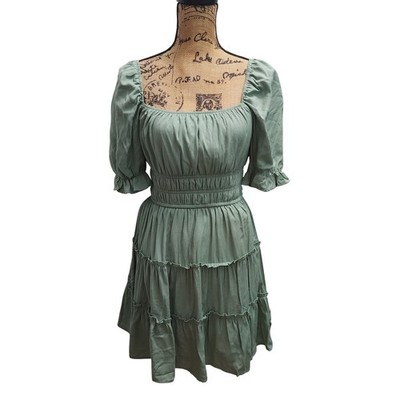 Blue Rain x Francesca's Green Mini Dress Puff Sleeve Ruffle Tiered Womens