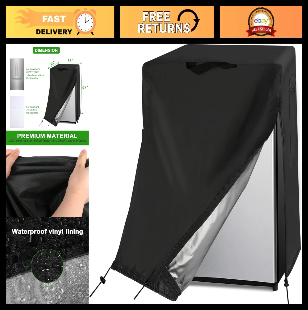 Waterproof Dustproof Refrigerator Cover for Upright Freezers & Beverage Coolers