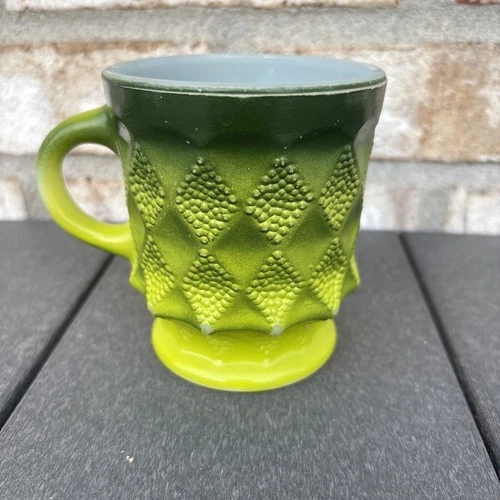 Vintage Fire King Kimberly Green Diamond Mug Anchor Hocking Retro! Milk Glass