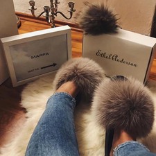 Real Farm Fox Racc00n Fur Furry Slippers Fluffy Slides Plush Women Style W6
