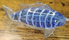 6.5" Murano Style Blown Glass Art Fish Figurine Sculpture Blue W/ White Stripes