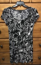 Connected Apparel Black White Flared Floral Paisley Stretchy Cap Sleeve Dress 10