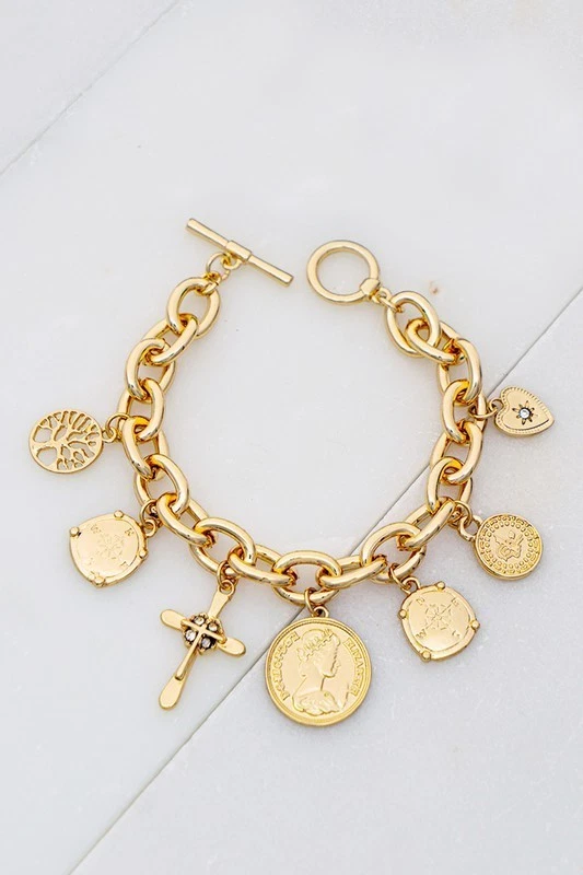 Коренастый браслет-цепочка с подвесками для монет и креста — позолоченный переключатель — 7 дюймов - Изображение 2 из 3