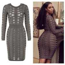 HOUSE OF CB Lola Brown Sheer Bodycon Bandage Woven Long Sleeve Dress Small