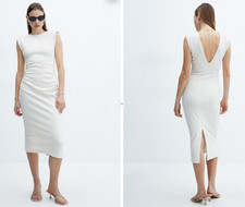 NWT MANGO MNG $150 ECRU DRAPED DETAIL STRONG SHOULDER V-BACK DRESS SZ S US 4