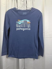 Patagonia Shirt Youth Large 12 Blue Long Sleeve Graphic Logo Crewneck Tee