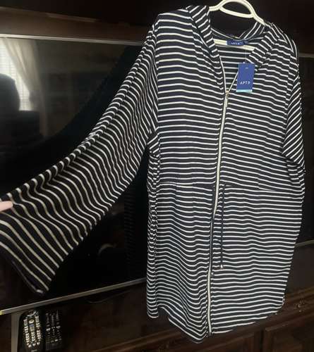 Apt. 9 Sz L Blue White Hooded Striped Swim Suit Cover-Up Dress Drawstring NWT - Picture 3 of 8