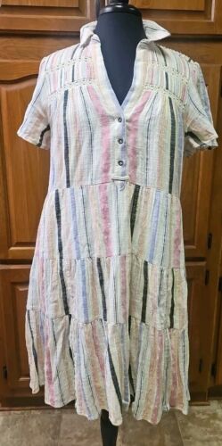 Anthropologie Pink Georgina Striped Cotton Dress Size Medium HIGH LOW