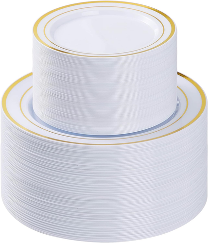 200PCS Gold Plastic Plate, Disposable Party Plates with 100 Dinner Plates and 10