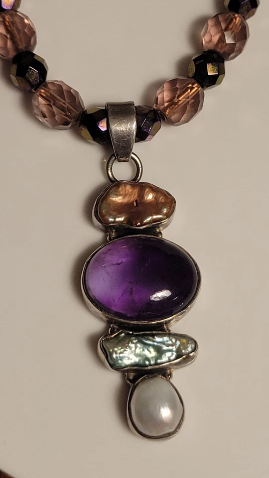 Ametista Viola Perla Argento Sterling Slide Ciondolo Perlina Cristallo Collana - Immagine 2 di 4