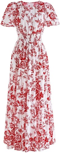 ChicWish Maxi Dress Women's XL White w/Red Floral Tiered Summer Cotton SS NWT