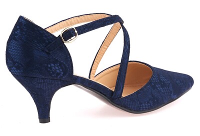 WOMENS NAVY LACE LOW HEEL POINTED FULL TOE STRAPPY BRIDAL WEDDING SHOES 3-8  | eBay