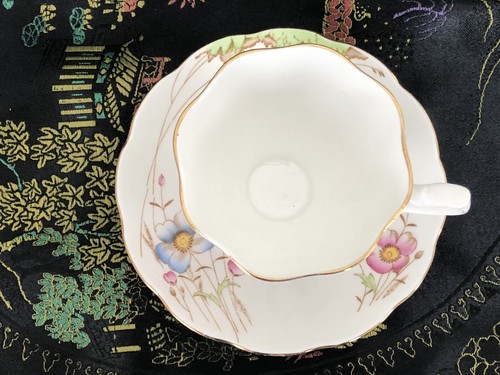England Bone CHINA TEA CUP & SAUCER Hand Painted Pink Blue Floral “ Mother” - Picture 2 of 4