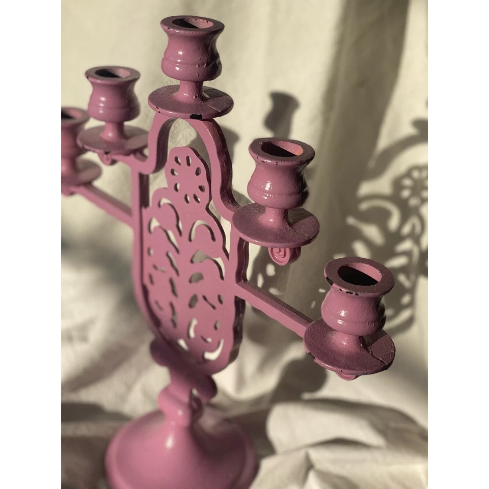 Purple Paint Iron Hugo Berger Goberg Style Floral Motif Candelabra 5 arm candle - Image 2 of 4
