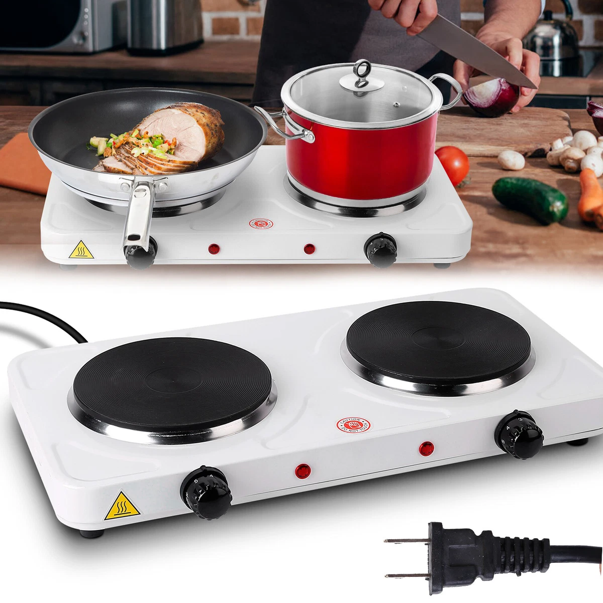 Electric Stove 2000W Double Heating Plates Portable Countertop Stove for  Kitchen Dormitory Office White US Plug