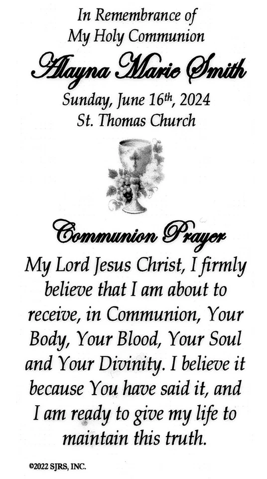 Communion Prayer for Girls - Personalized Laminated Prayer Cards - Pack of 35 - Image 2 of 3