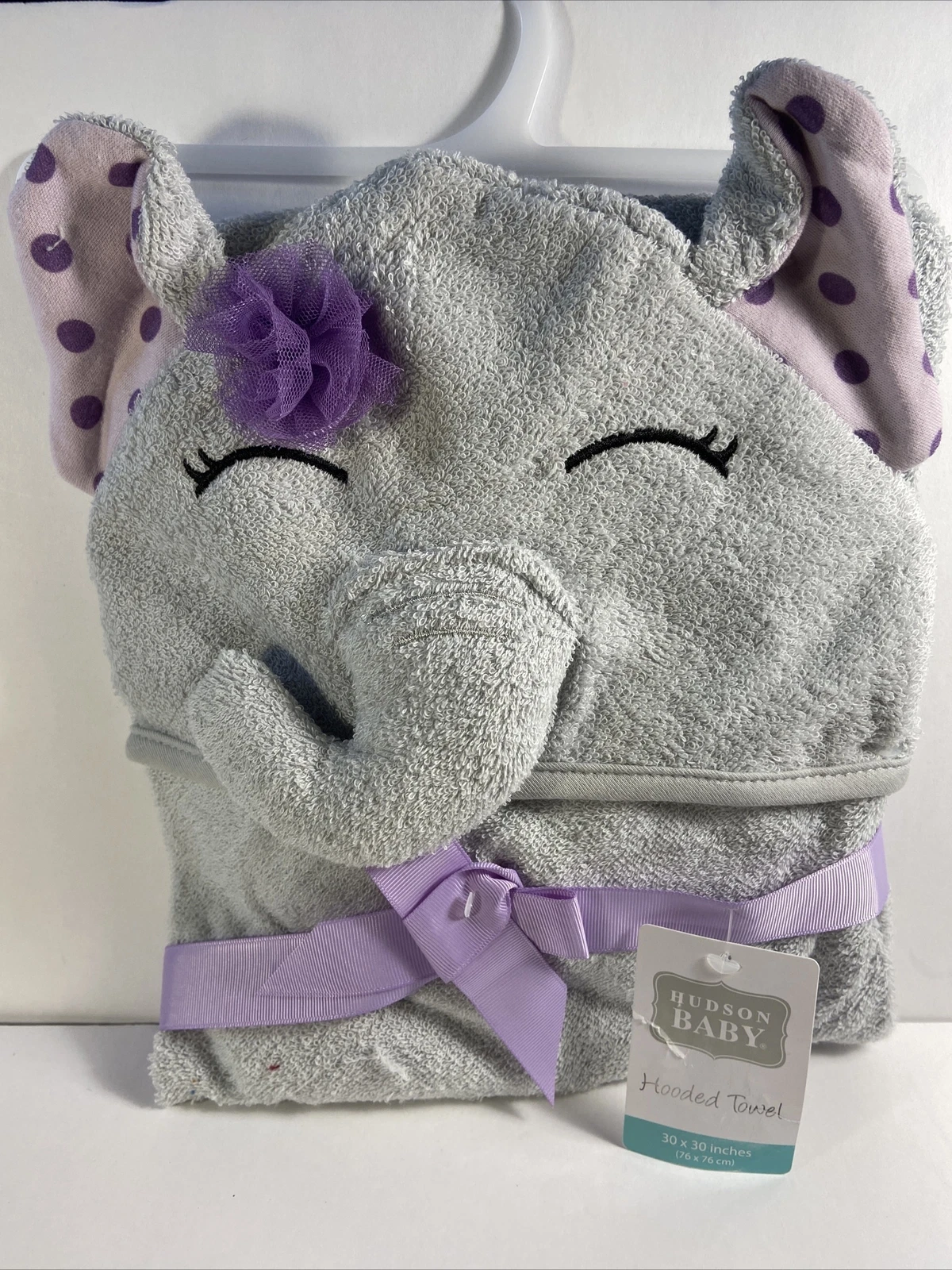 Hudson Baby Cotton Animal Face Hooded Towel, Purple Dots Pretty Elephant NEW