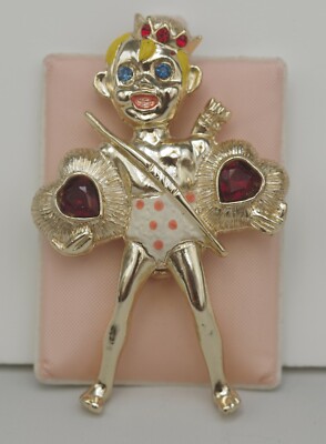 BJ BEATRIX VINTAGE FIGURAL CHERUB CUPID WITH HEARTS enamel BROOCH mint 