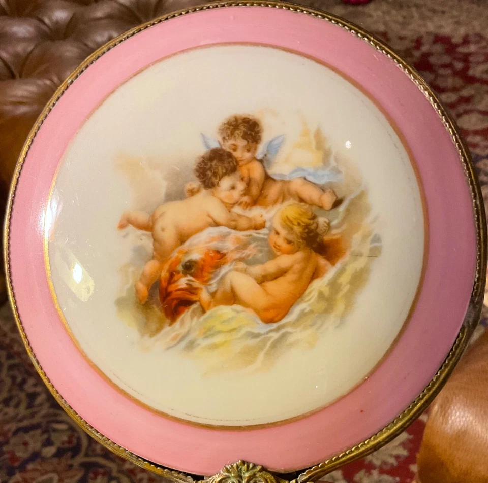 "Espejo de mano Art Nouveau Angels querubines borde rosa mango de latón vintage antiguo 9""" Foto 2 de 4