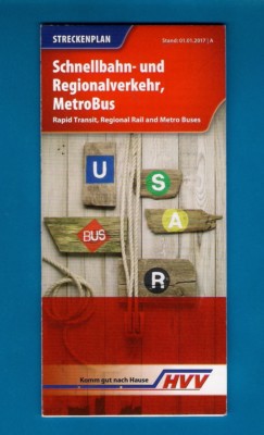 Bus & Rail Map 2017 - HVV Hamburg - MetroBus: U-Bahn: Schnellbahn: Rapid Transit