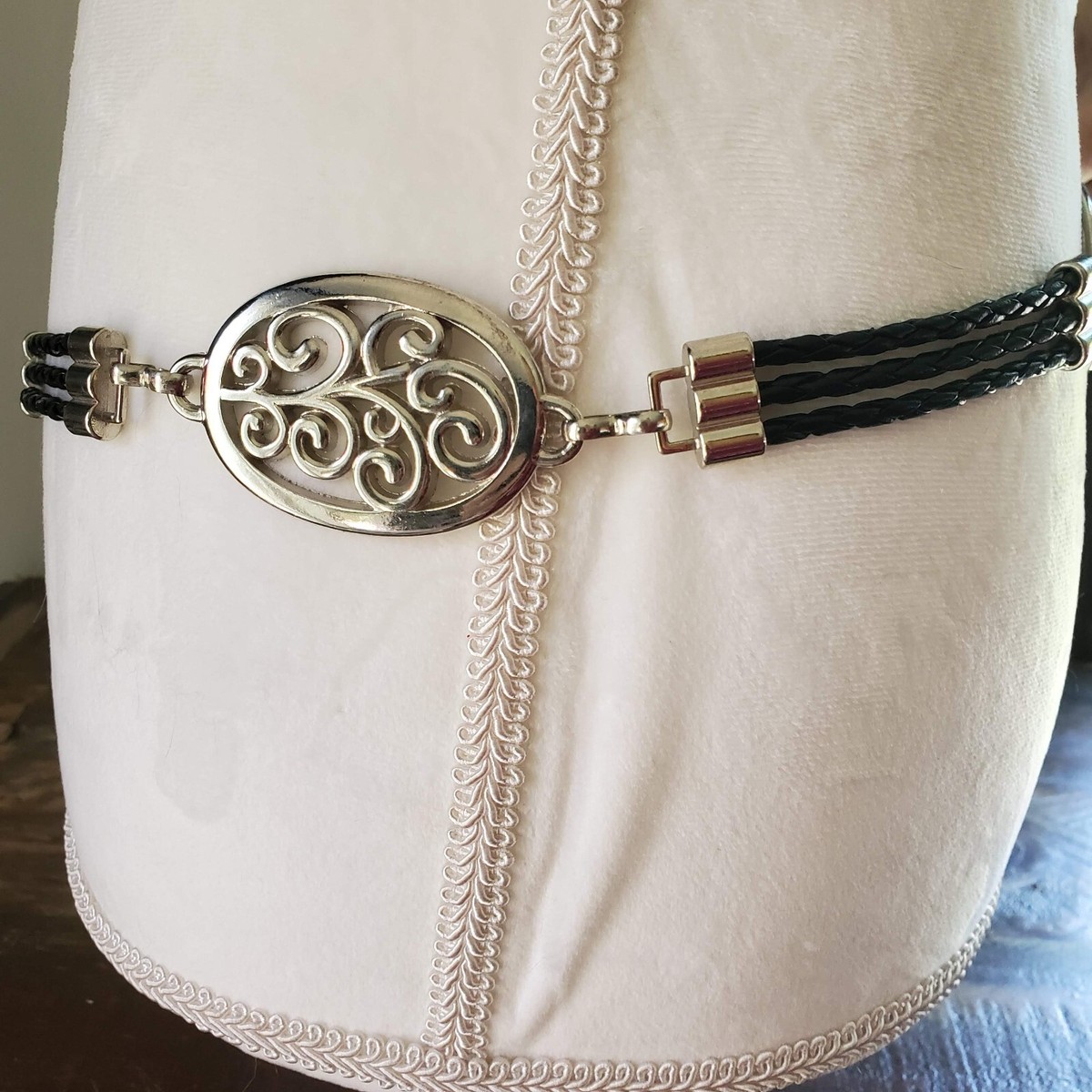 Southwest Style Silver Tone Medallion & Braided Black Faux 