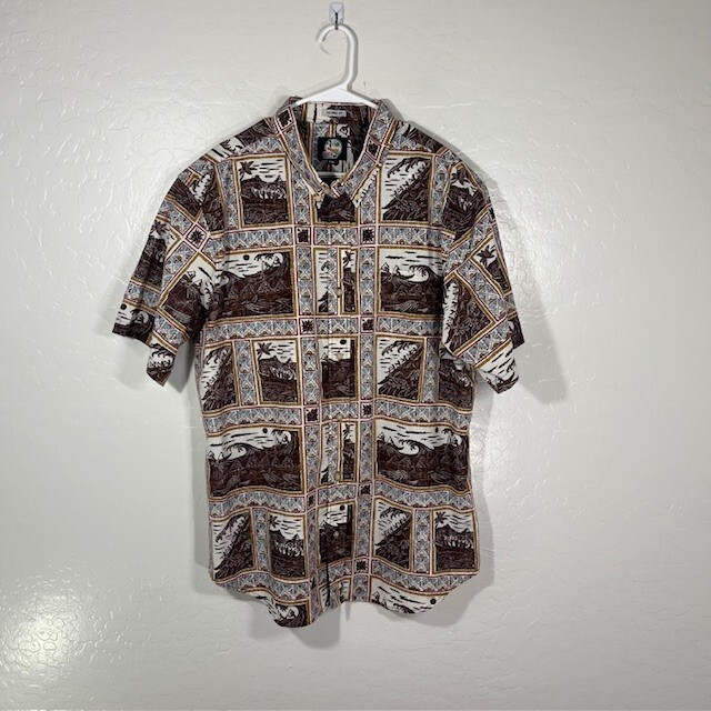 FILA Camicia hawaiana Reyn Spooner uomo XXL marrone stampa isola canottaggio Aloha
