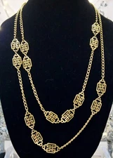 Vintage Crown Trifari Station Necklace Gold Tone 52"