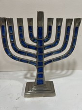 Israel Hanuca Menora Metal Decoreted With Blue Stone