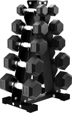 Rubber Coated Hex Dumbbell Weight Set with Storage Rack No-Roll Head 150LB