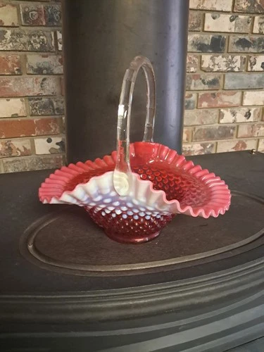 Fenton Cranberry Opalescent 10" Basket Ruffled Rim with Crimped Handle 1940's