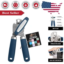 Ergonomic Stainless Steel Manual Can & Bottle Opener - Smooth Edge, Blue Design