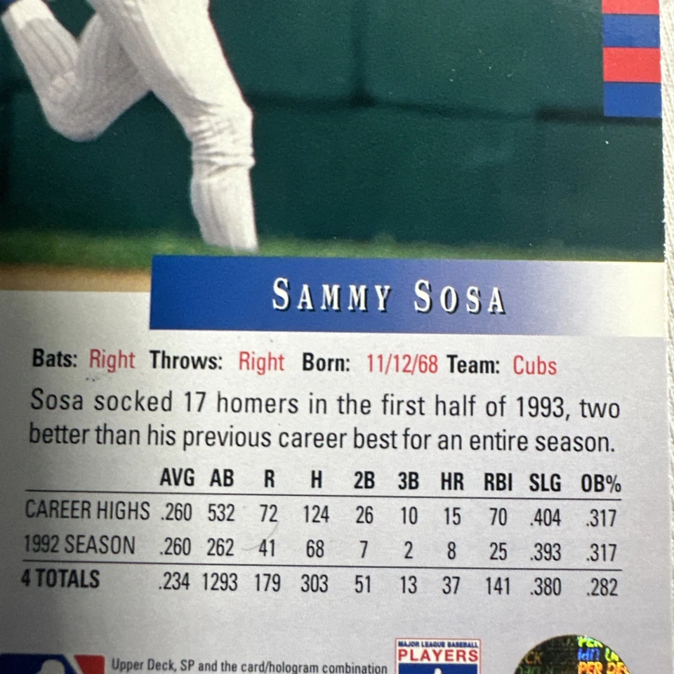 SP #89 1993 Sammy Sosa Chicago Cubs casi nuevo+ Foto 3 de 3