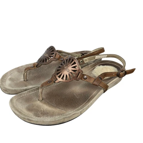 UGG T Strap sandali medaglione donna tg 8 bronzo marrone cinturino alla caviglia tacco pelliccia
