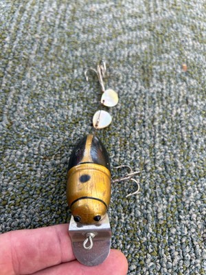 Vintage Creek Chub Beetle Fishing Lure Wood Black Gold Pearl