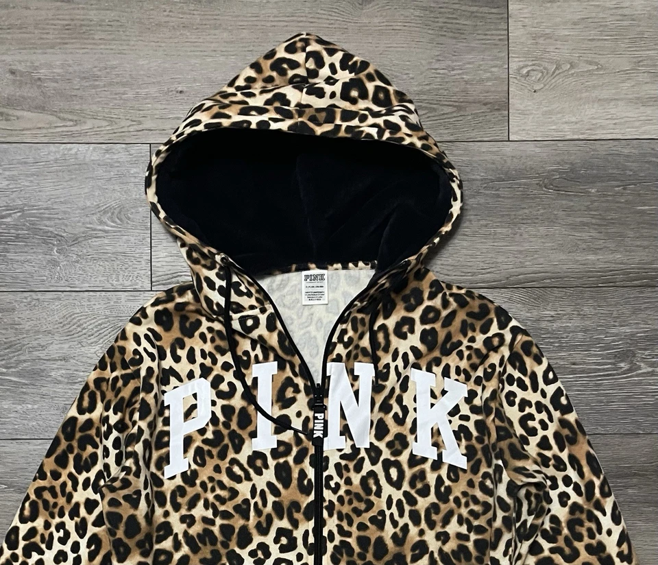 Victoria's Secret Rosa Estampado de Leopardo Imitación Piel Capucha Cremallera Completa Sudadera con Capucha PEQUEÑA Foto 4 de 4