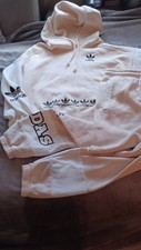 adidas White Tracksuit Set Hoodie  Pants S Logo Hooded Tapered Pockets