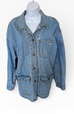 Vintage 80s Denim Chore Coat L Blue 100 Cotton Barn Trucker Buttons Sleeves