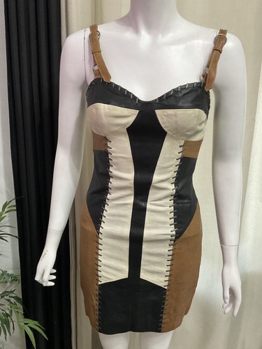 AllSaints Damen Leder Minikleid Pathwork Kleid Größe UK 8