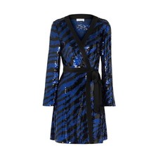 Rixo Blue & Black Sequin Tiger Stripe Maria Wrap Mini Dress Size XL