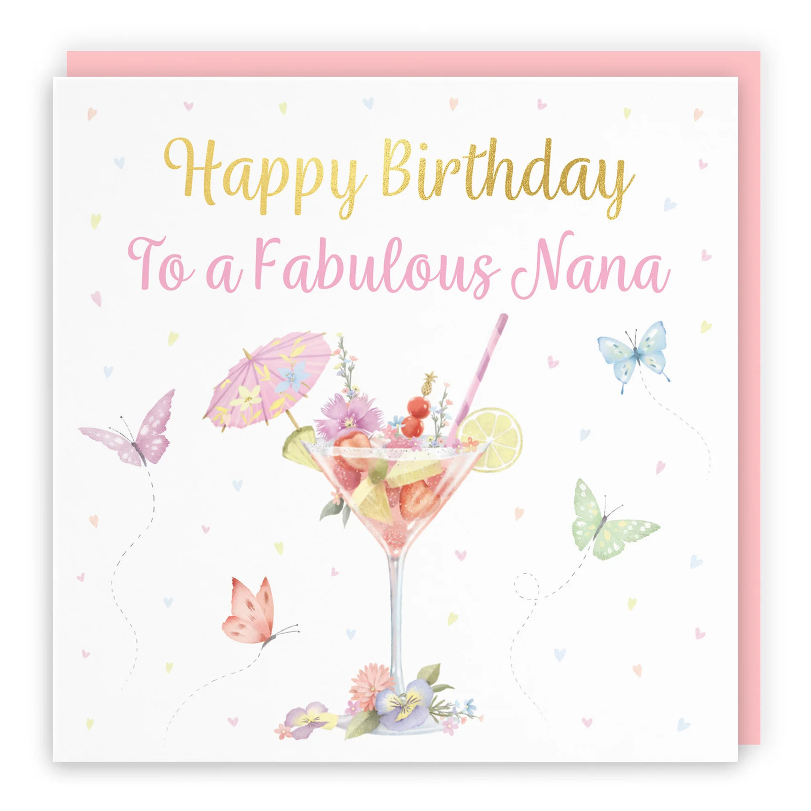Nana Pink Cocktail And Butterflies Birthday Card Gold Foil Milo's Gallery