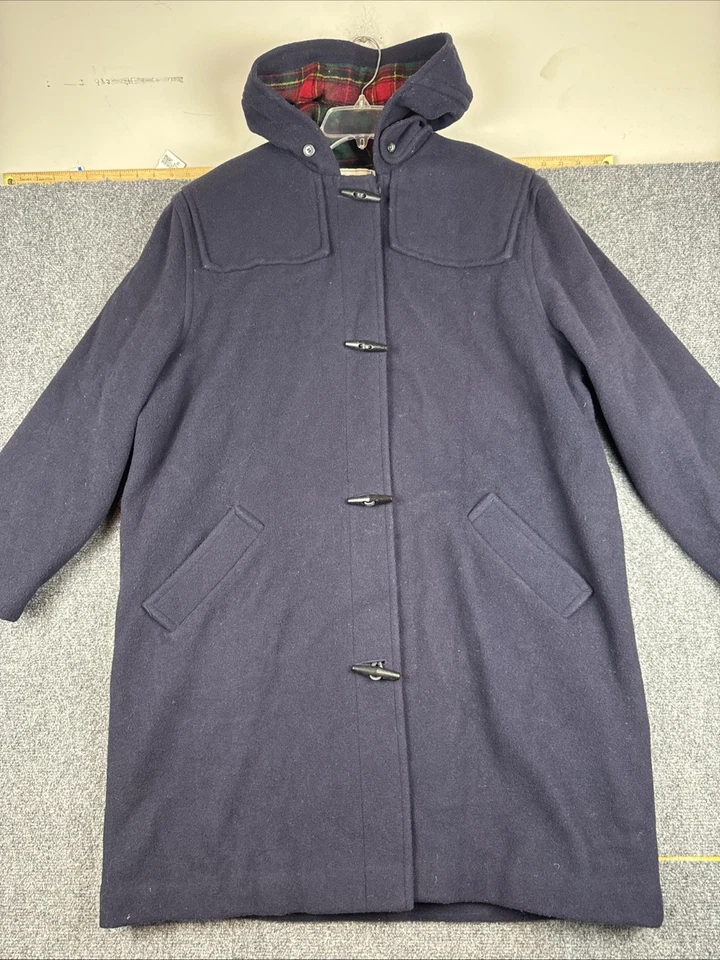 Vintage LL Bean Pea Coat Size 16 Navy Blue Wool Hooded Plaid Lining Made In USA - Image 2 of 4